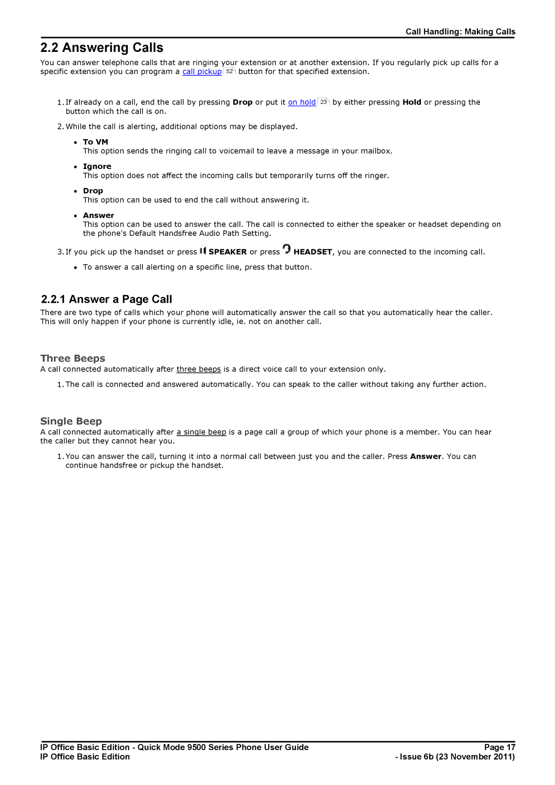 Avaya 9500 Series manual Answering Calls, Answer a Page Call, Three Beeps, Single Beep 