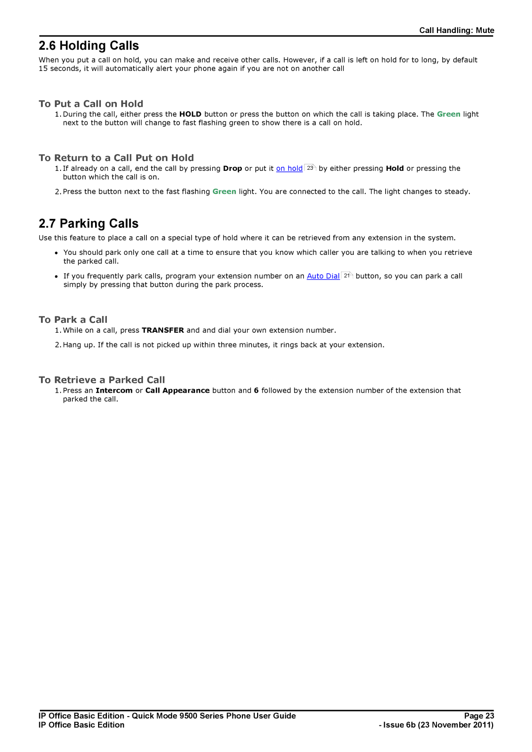 Avaya 9500 Series manual Holding Calls, Parking Calls 