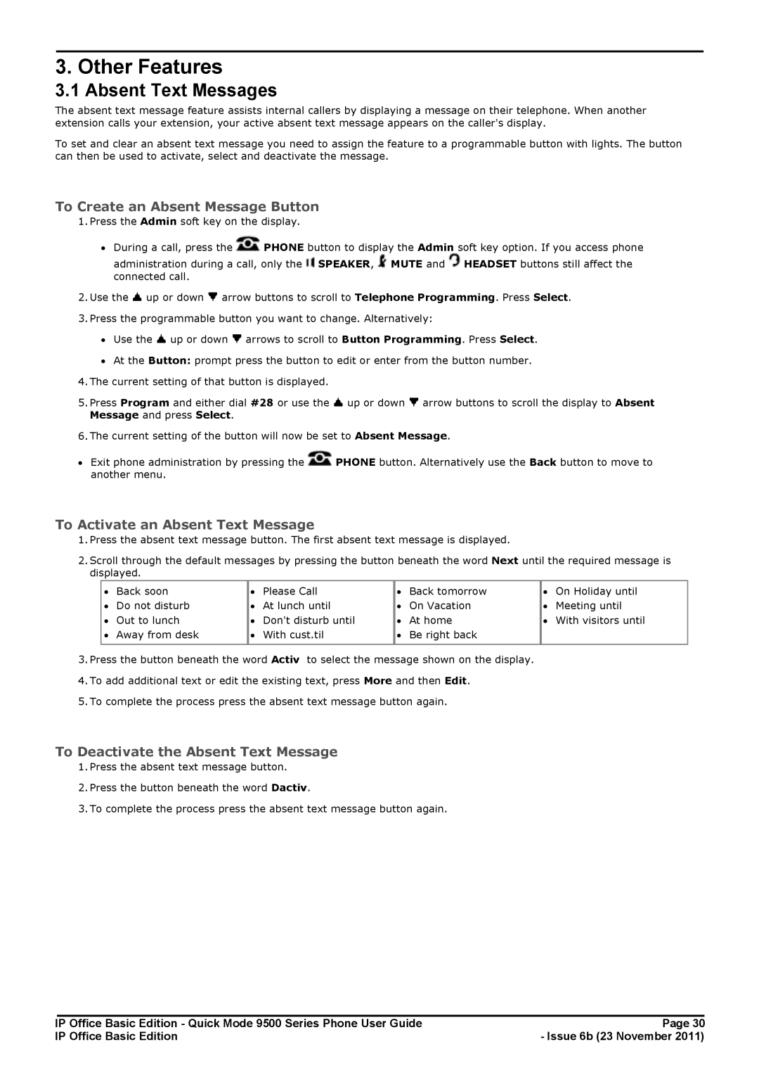 Avaya 9500 Series manual Other Features, Absent Text Messages, To Create an Absent Message Button 