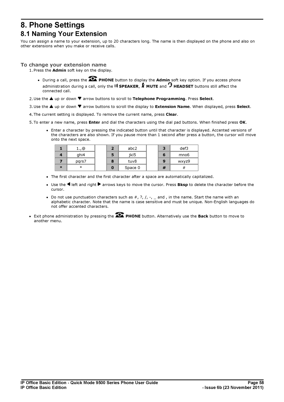 Avaya 9500 Series manual Phone Settings, Naming Your Extension, To change your extension name 