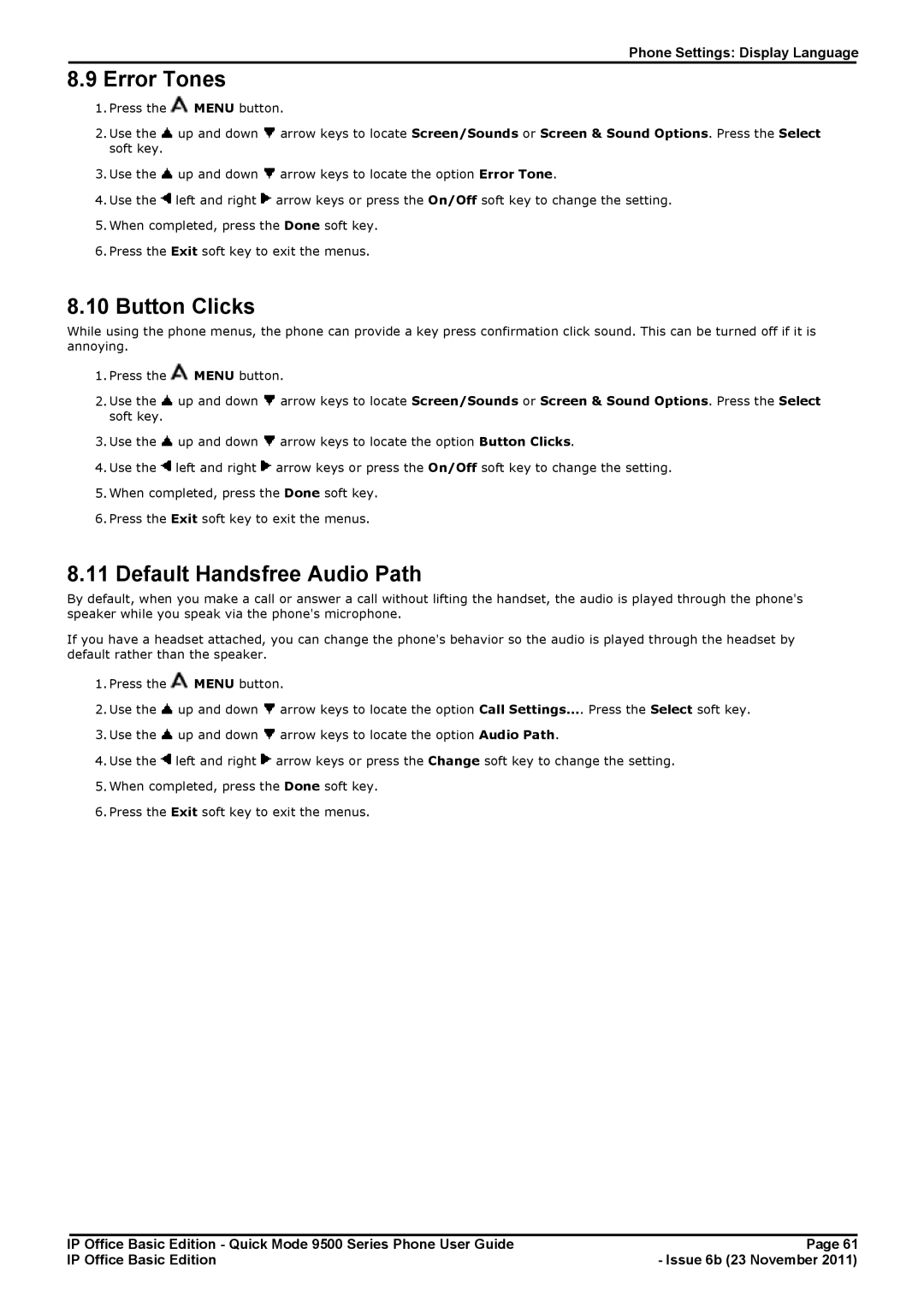 Avaya 9500 Series manual Error Tones, Button Clicks, Default Handsfree Audio Path 