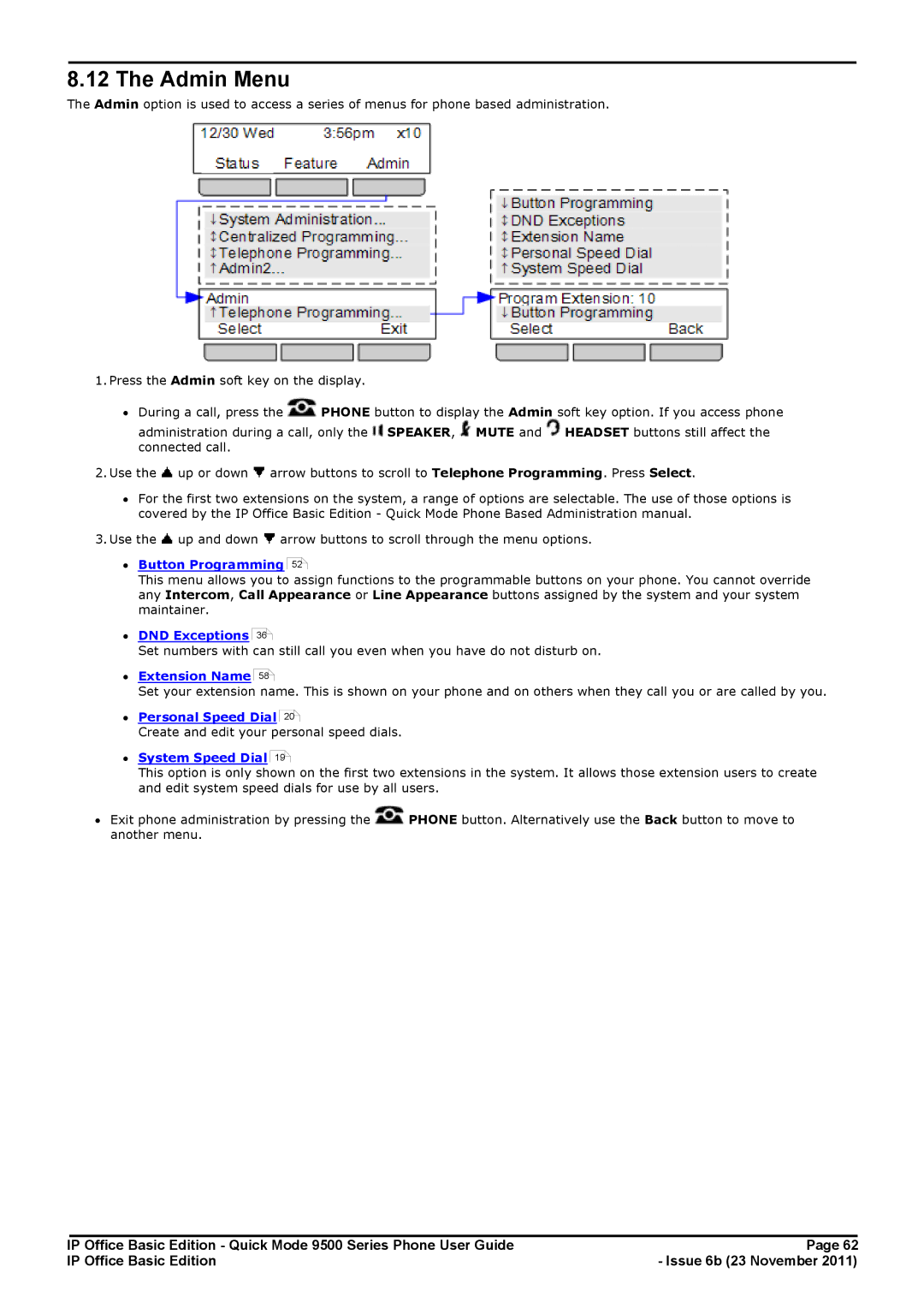 Avaya 9500 Series manual Admin Menu 