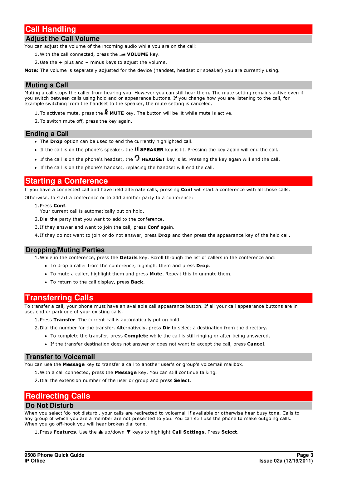 Avaya 9508 manual Call Handling, Starting a Conference, Transferring Calls, Redirecting Calls 