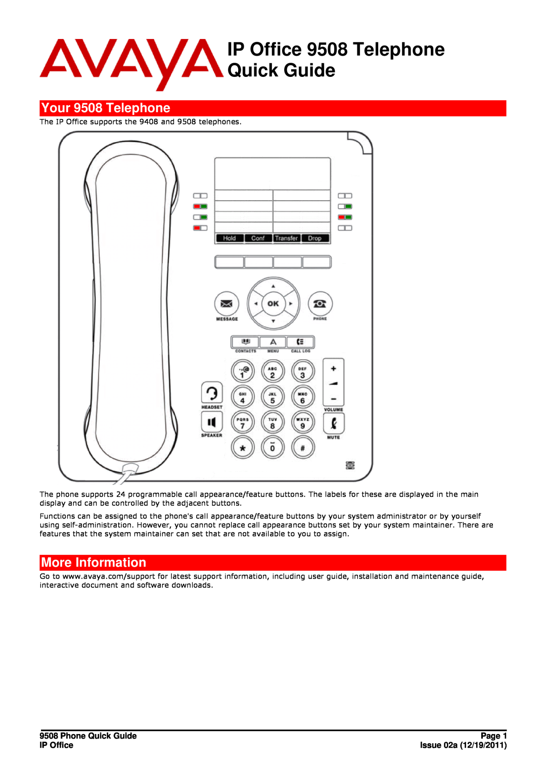 Avaya manual Your 9508 Telephone, More Information, Phone Quick Guide, Page, IP Office, Issue 02a 12/19/2011 