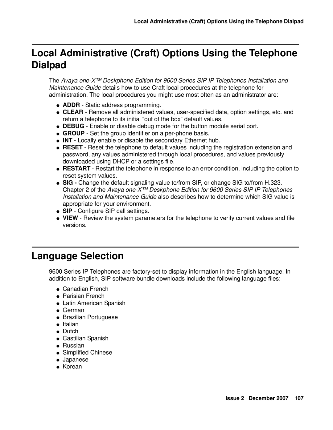 Avaya 9600 manual Language Selection 