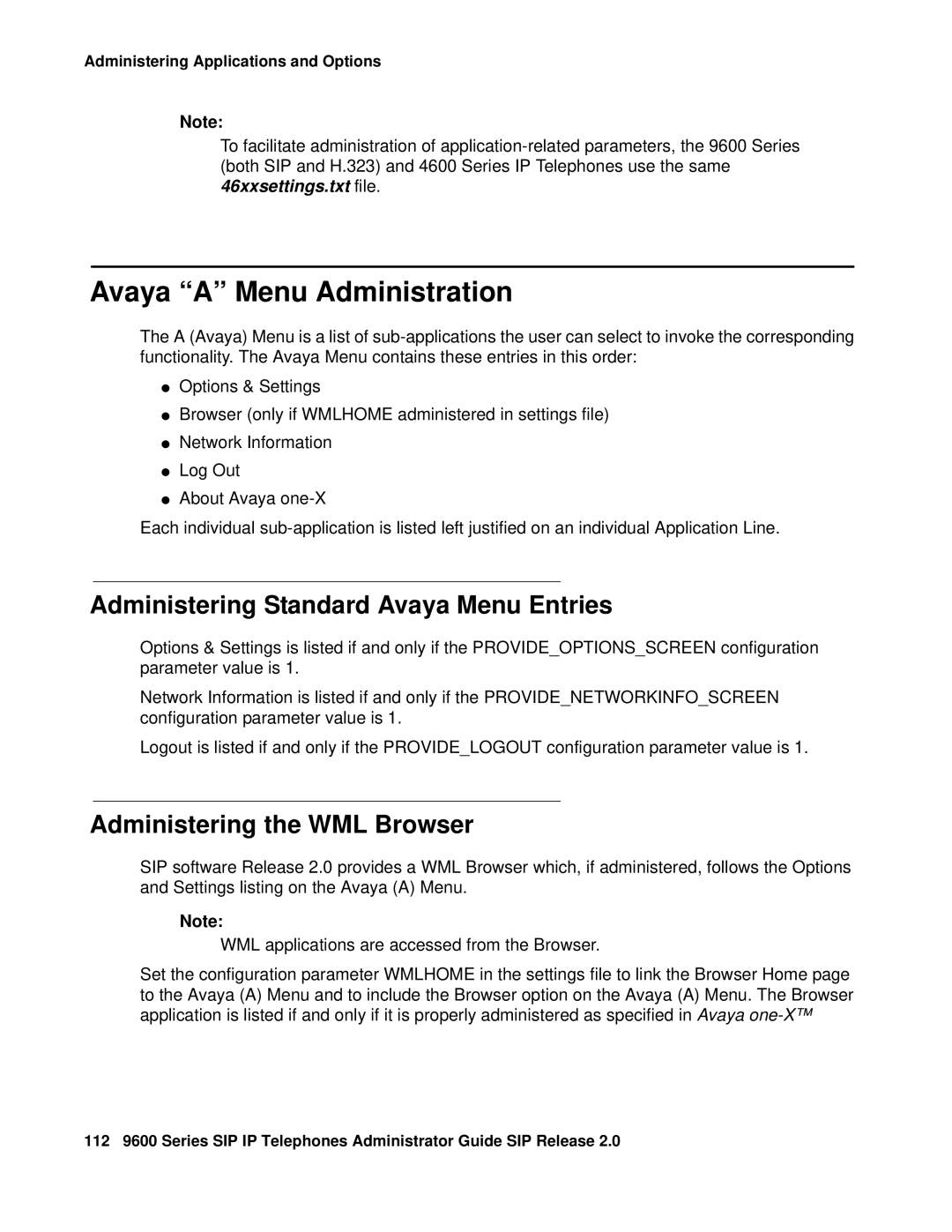 Avaya 9600 manual Avaya a Menu Administration, Administering Standard Avaya Menu Entries, Administering the WML Browser 