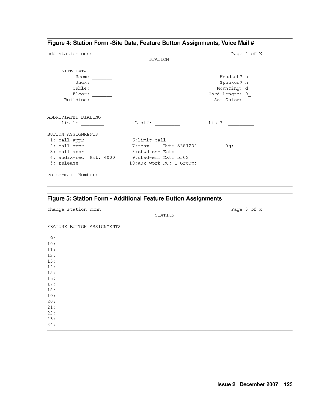 Avaya 9600 manual Station Site Data, Abbreviated Dialing, Station Feature Button Assignments 