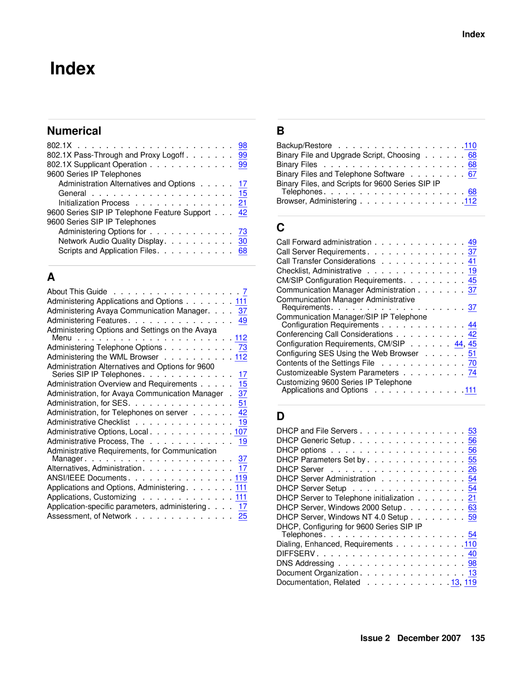 Avaya 9600 manual Index, Numerical 