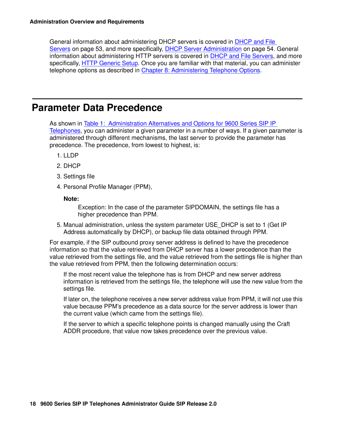 Avaya 9600 manual Parameter Data Precedence, Lldp Dhcp 