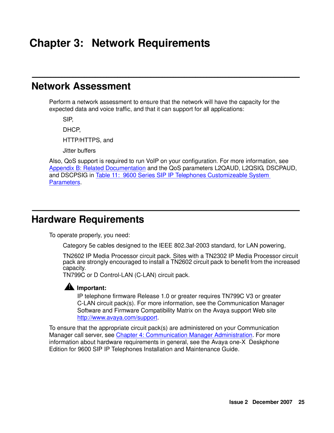 Avaya 9600 manual Network Requirements, Network Assessment, Hardware Requirements 