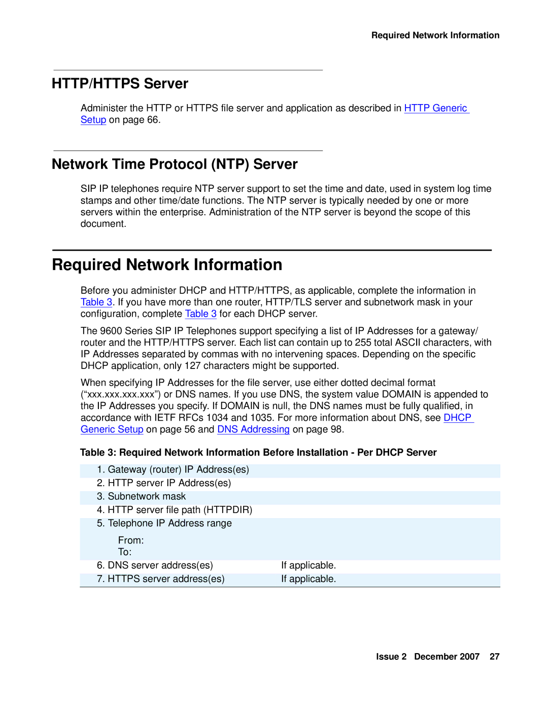 Avaya 9600 manual Required Network Information, HTTP/HTTPS Server, Network Time Protocol NTP Server 