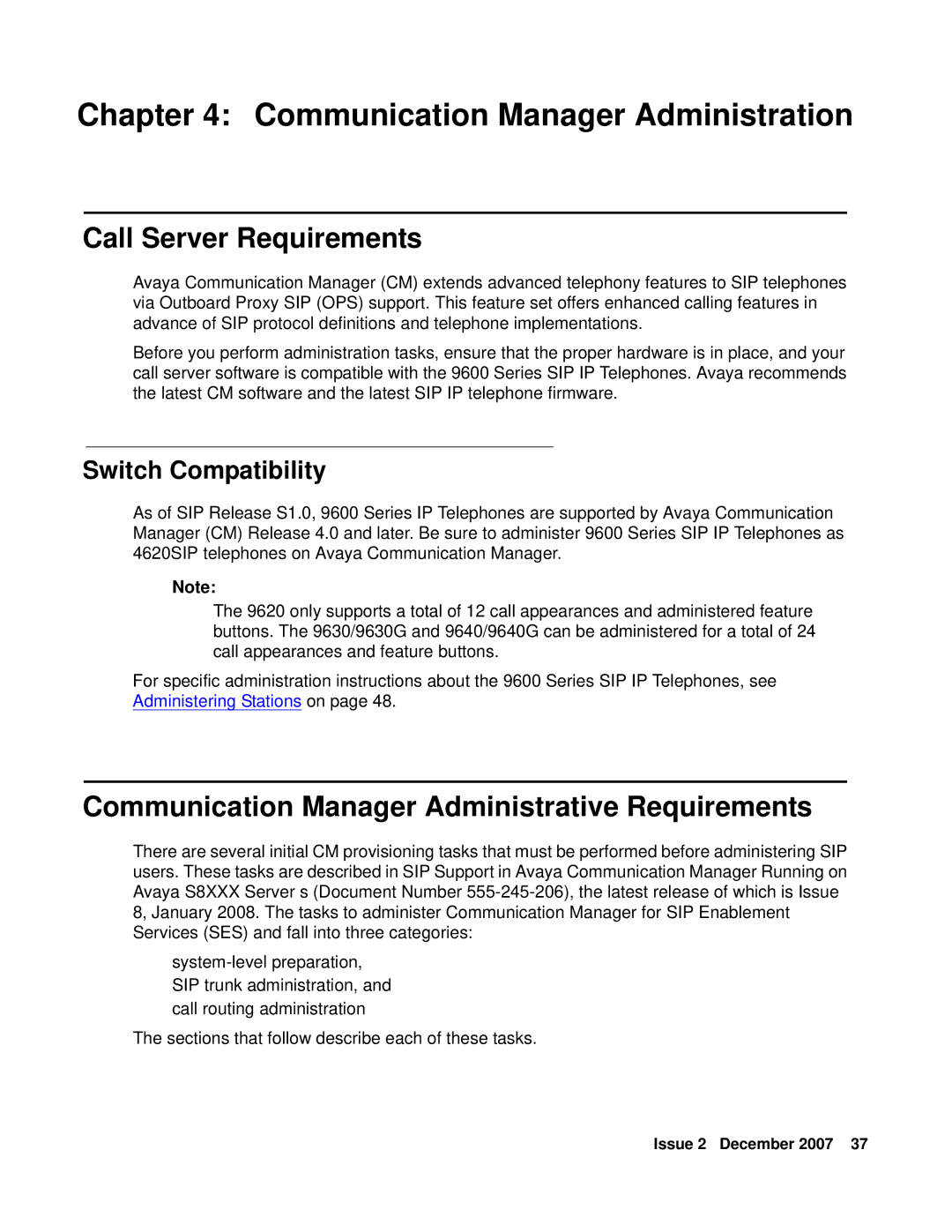 Avaya 9600 manual Communication Manager Administration, Call Server Requirements, Switch Compatibility 