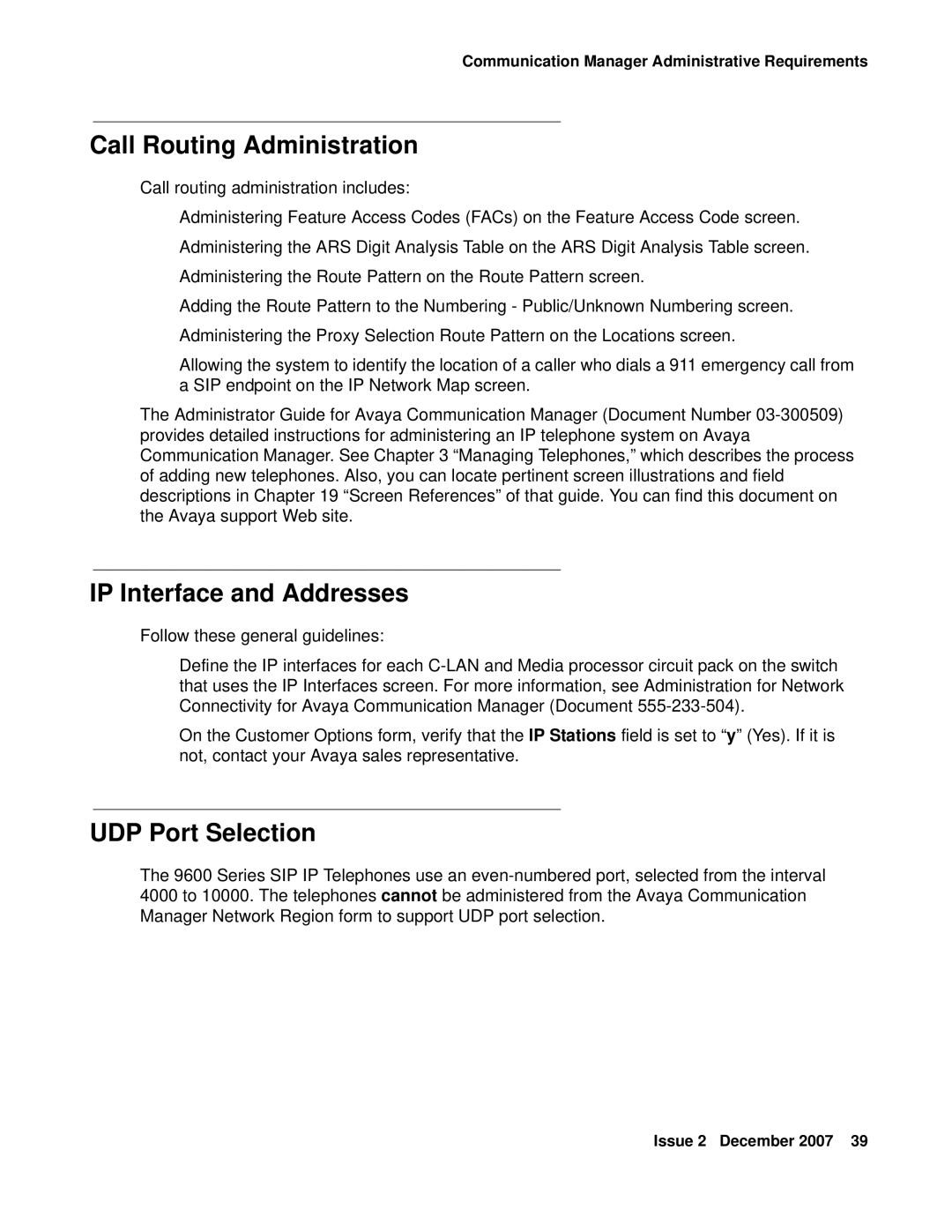 Avaya 9600 manual Call Routing Administration, IP Interface and Addresses, UDP Port Selection 