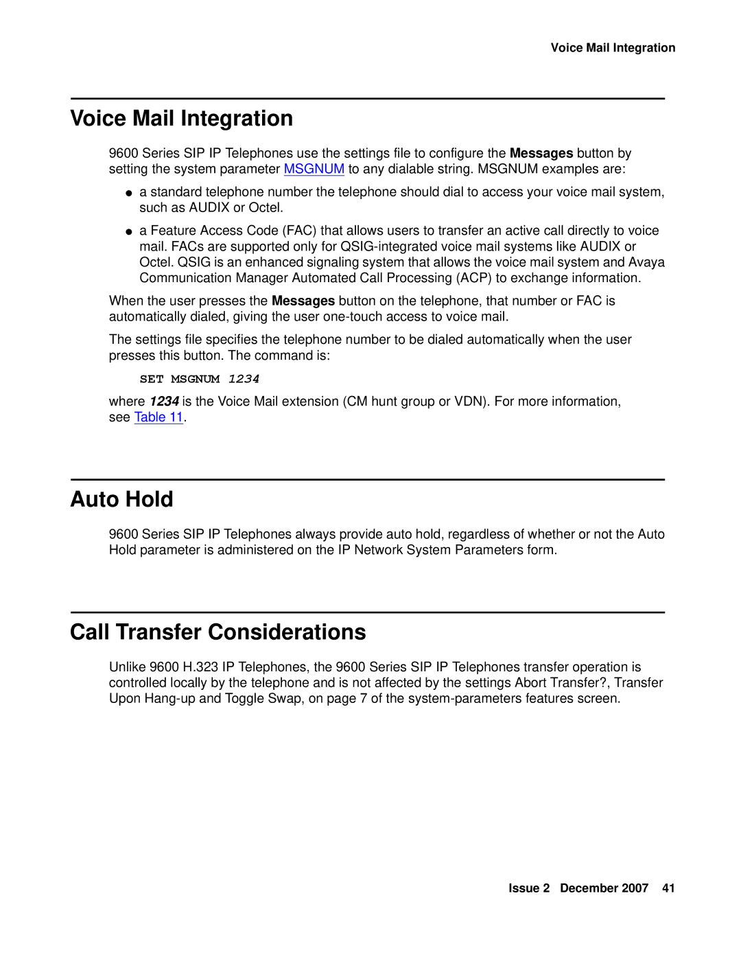 Avaya 9600 manual Voice Mail Integration, Auto Hold, Call Transfer Considerations 
