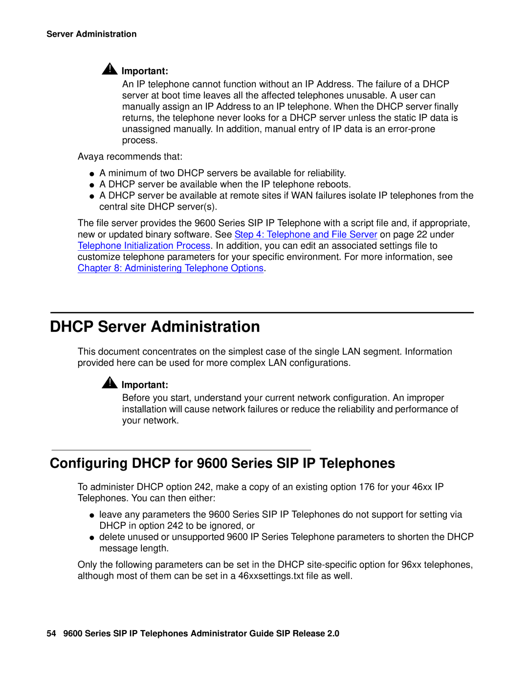 Avaya manual Dhcp Server Administration, Configuring Dhcp for 9600 Series SIP IP Telephones 