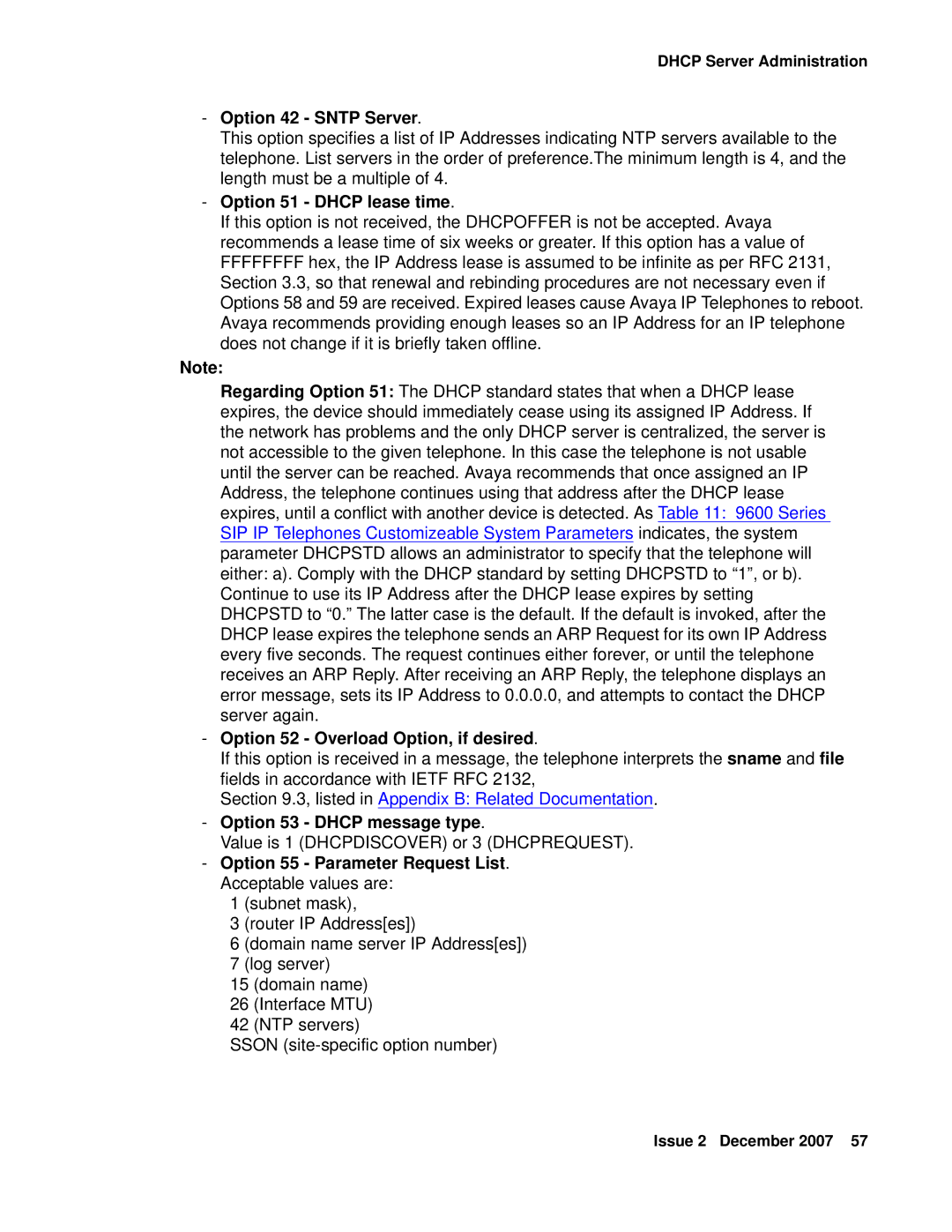 Avaya 9600 manual Option 42 Sntp Server, Option 51 Dhcp lease time, Option 52 Overload Option, if desired 