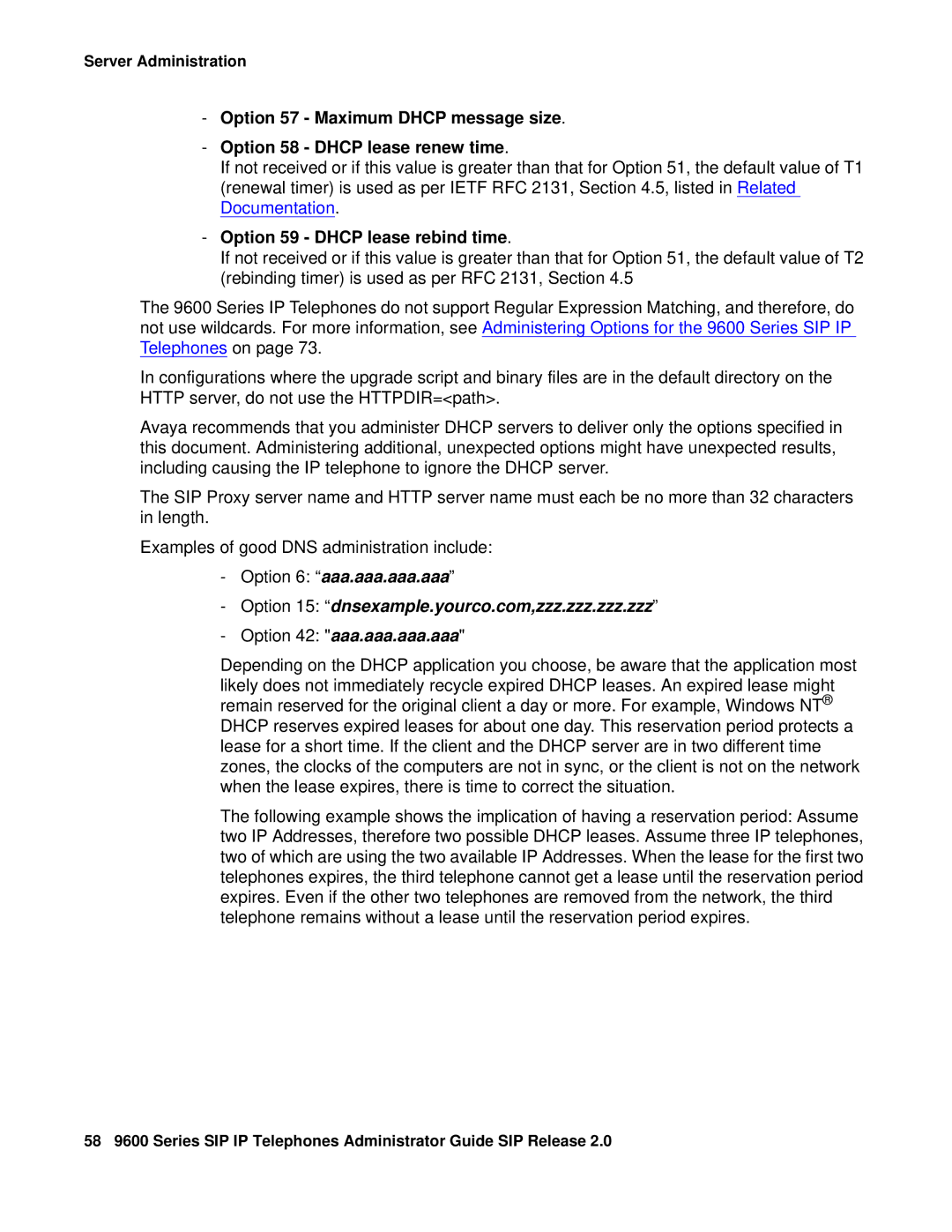 Avaya 9600 manual Option 59 Dhcp lease rebind time 