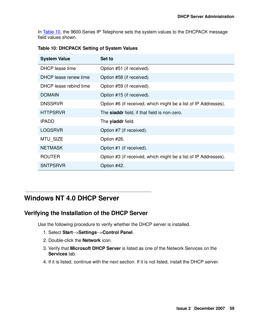 Avaya 9600 Windows NT 4.0 Dhcp Server, Dhcpack Setting of System Values Set to, Select Start--Settings--Control Panel 