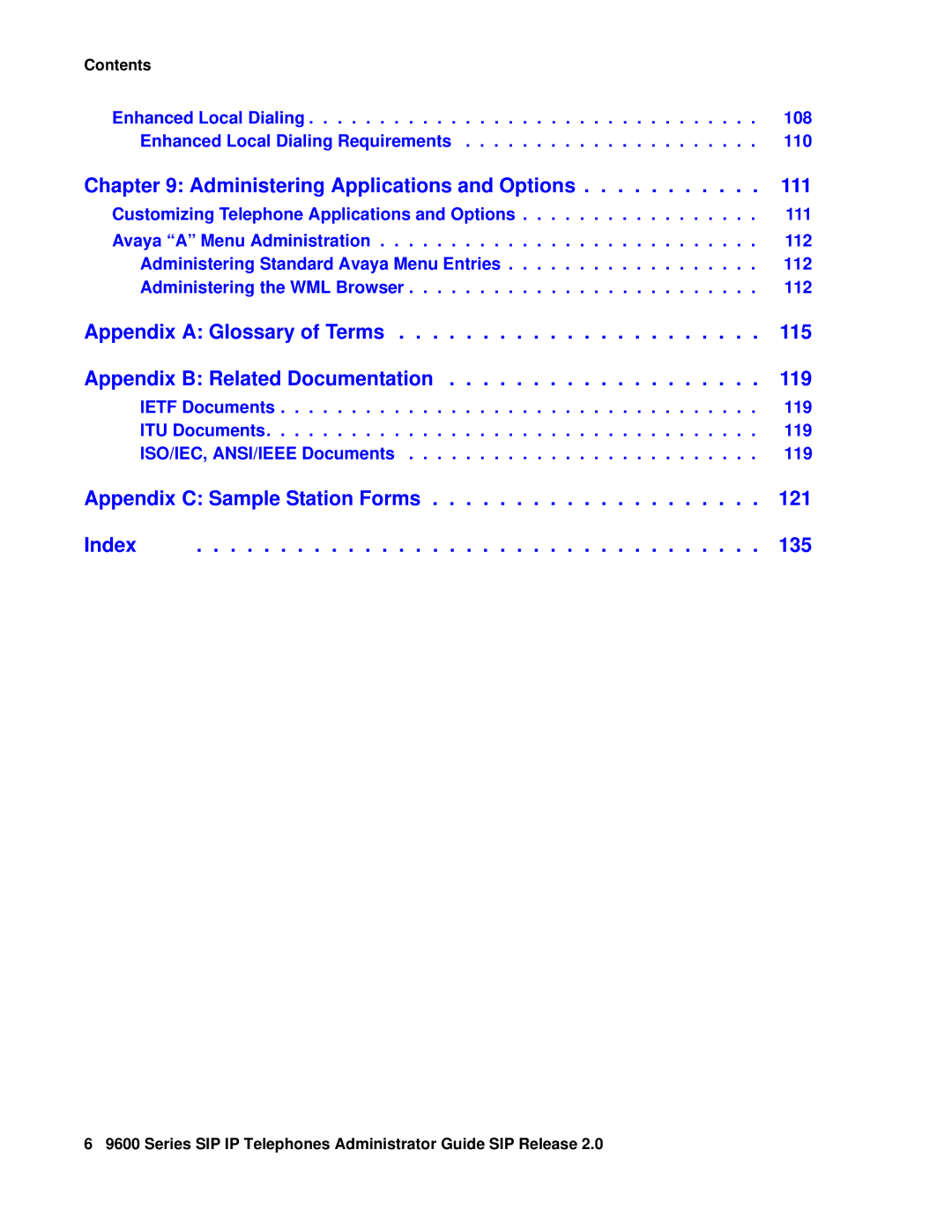 Avaya 9600 manual Appendix C Sample Station Forms 121 Index 135 