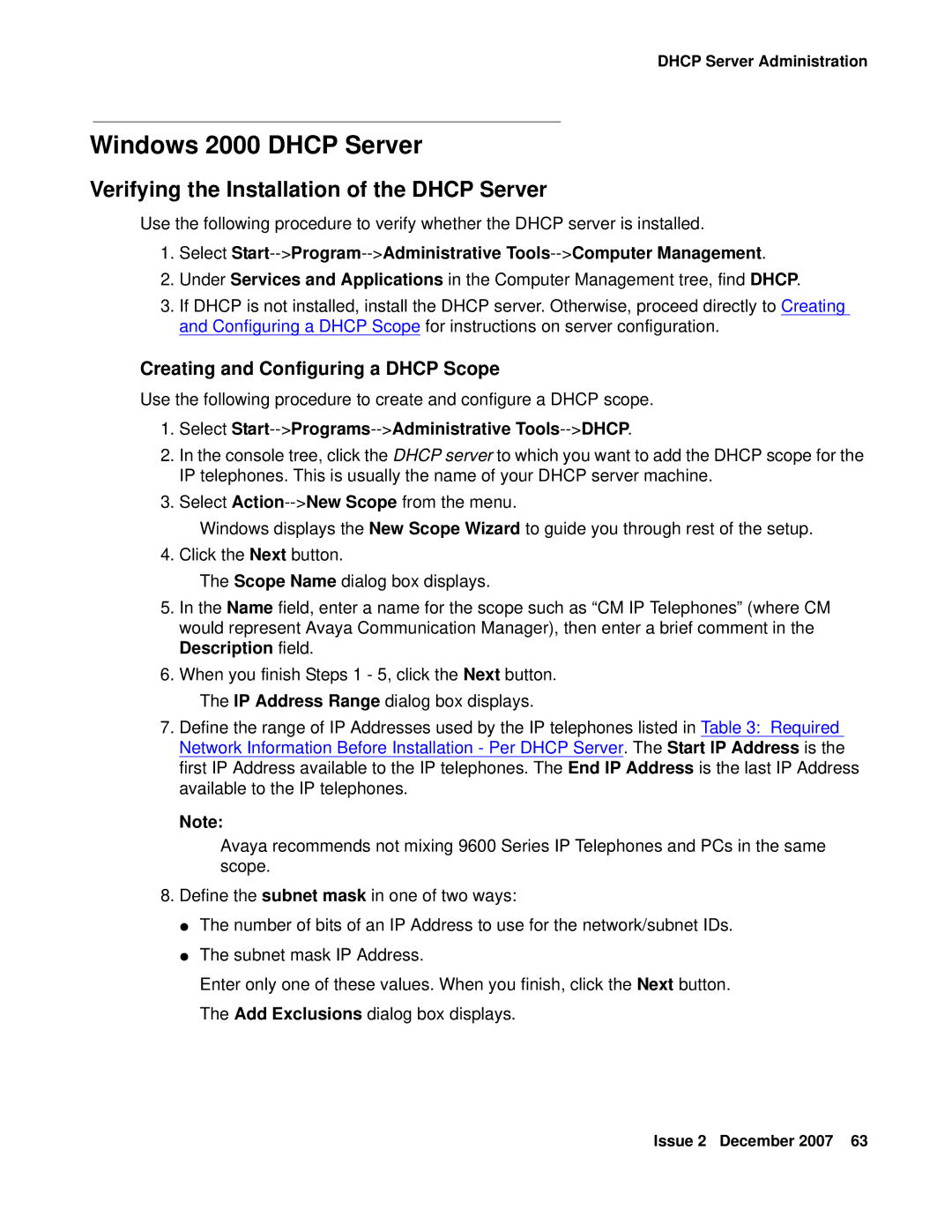 Avaya 9600 manual Windows 2000 Dhcp Server, Select Start--Programs--Administrative Tools--DHCP 