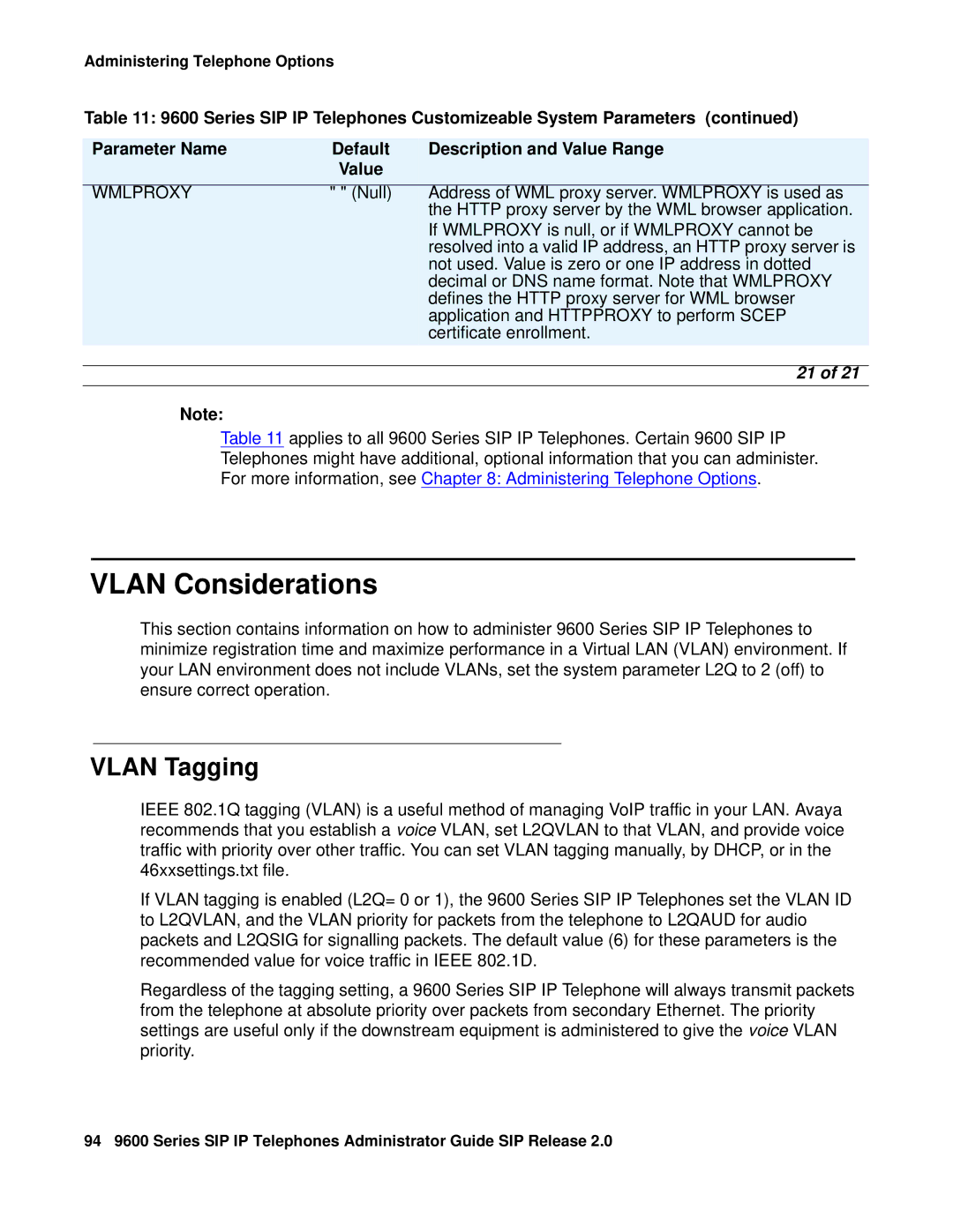 Avaya 9600 manual Vlan Considerations, Vlan Tagging, Wmlproxy 