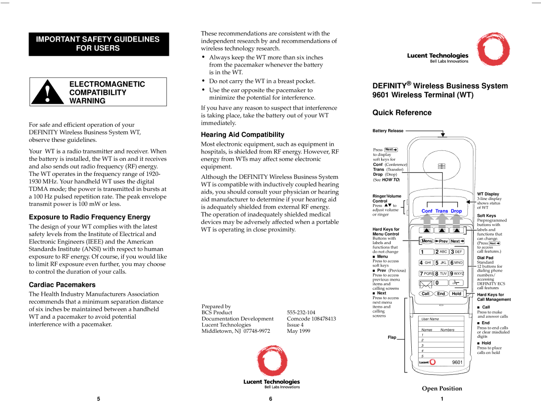 Avaya 9601 manual Hearing Aid Compatibility, Exposure to Radio Frequency Energy, Cardiac Pacemakers, Open Position 