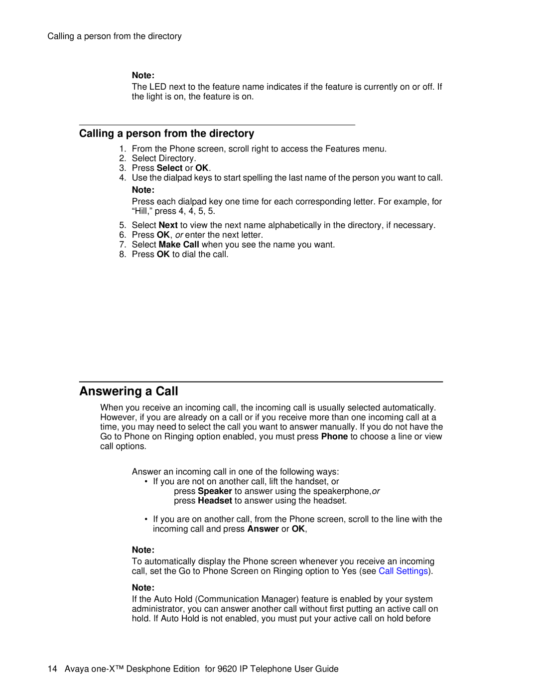 Avaya 9620 manual Answering a Call, Calling a person from the directory 