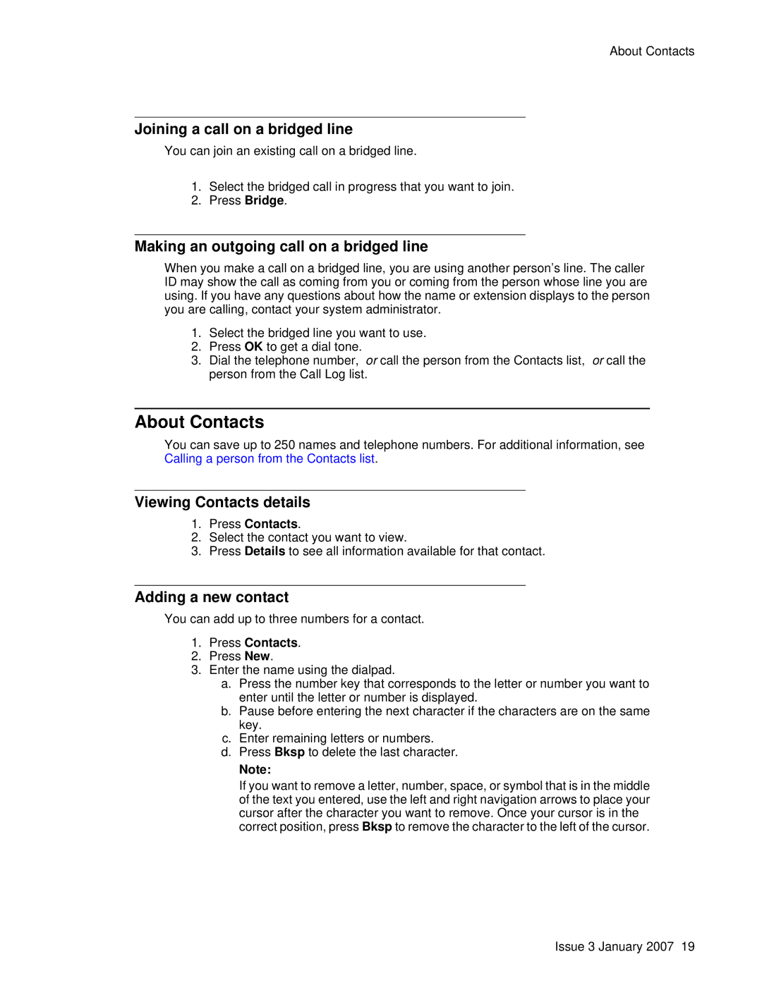 Avaya 9620 manual About Contacts, Joining a call on a bridged line, Making an outgoing call on a bridged line 