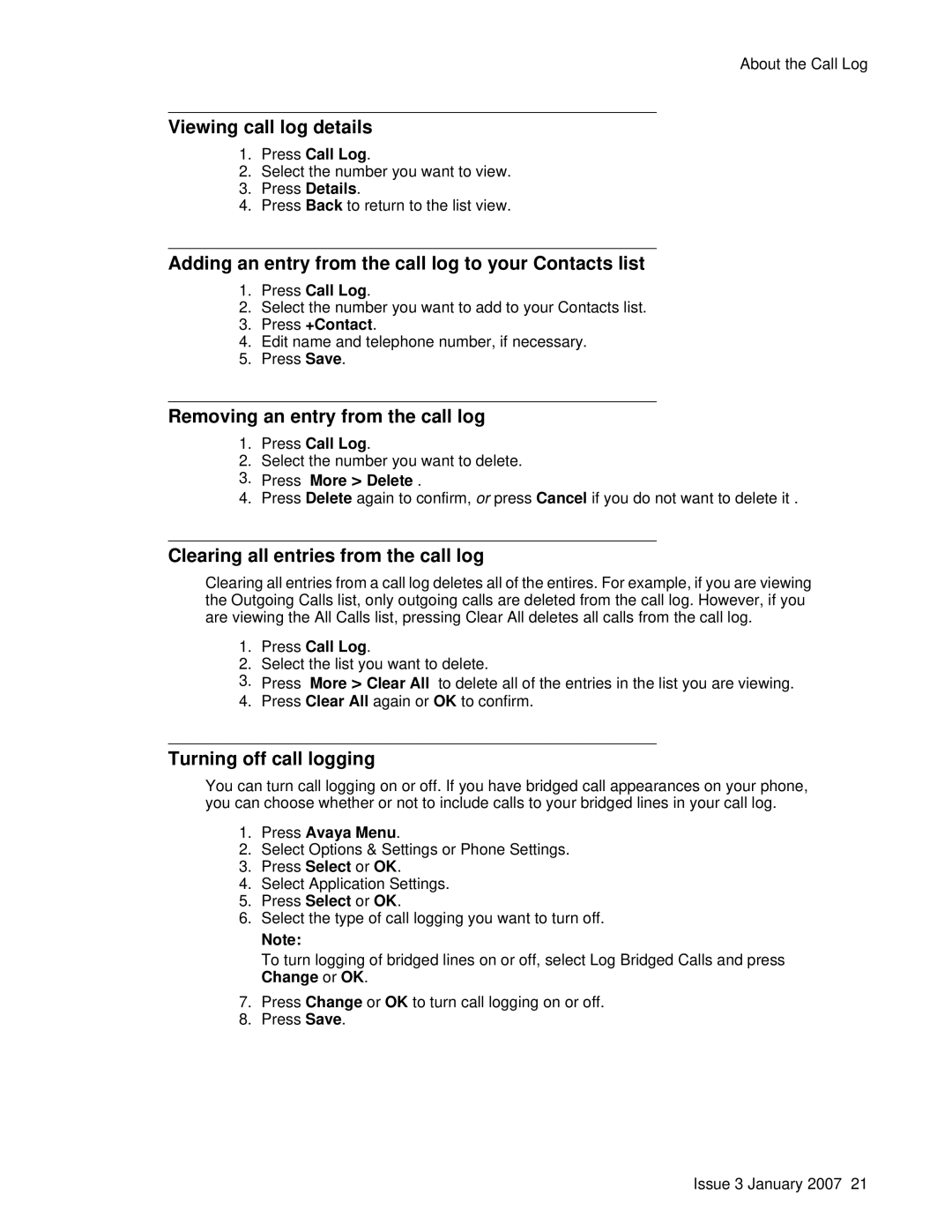 Avaya 9620 Viewing call log details, Adding an entry from the call log to your Contacts list, Turning off call logging 