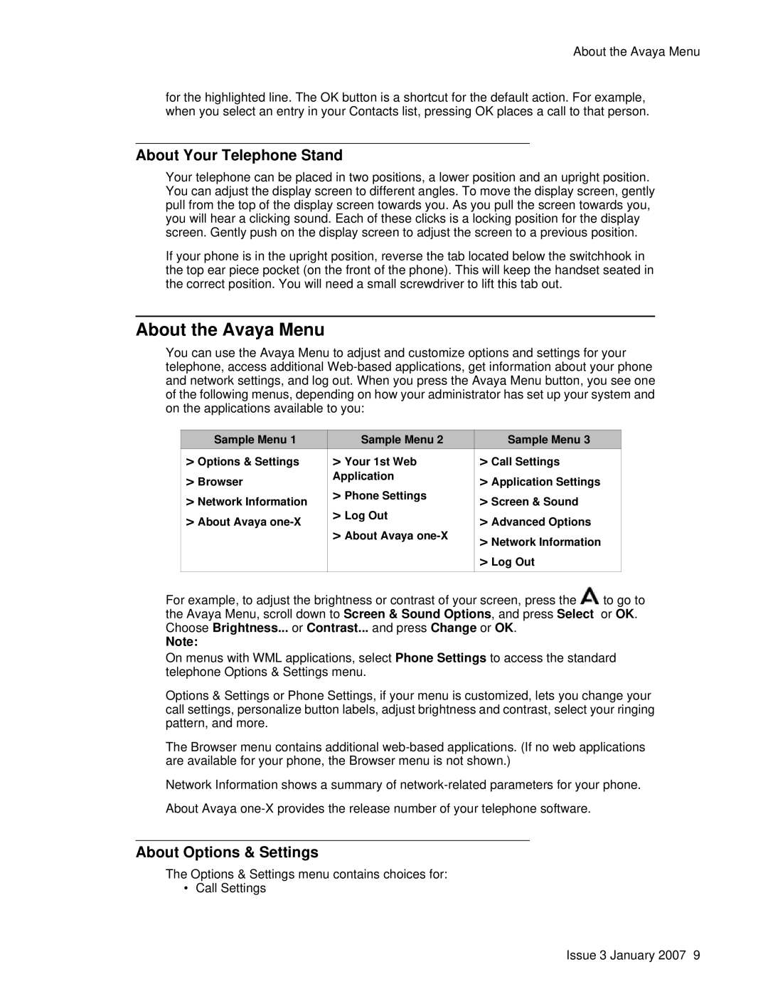 Avaya 9620 manual About the Avaya Menu, About Your Telephone Stand, About Options & Settings 