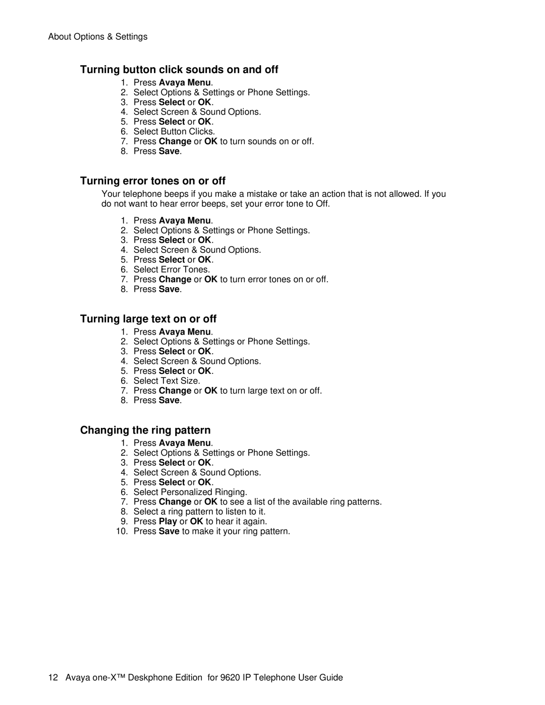 Avaya 9620 manual Turning button click sounds on and off, Turning error tones on or off, Turning large text on or off 