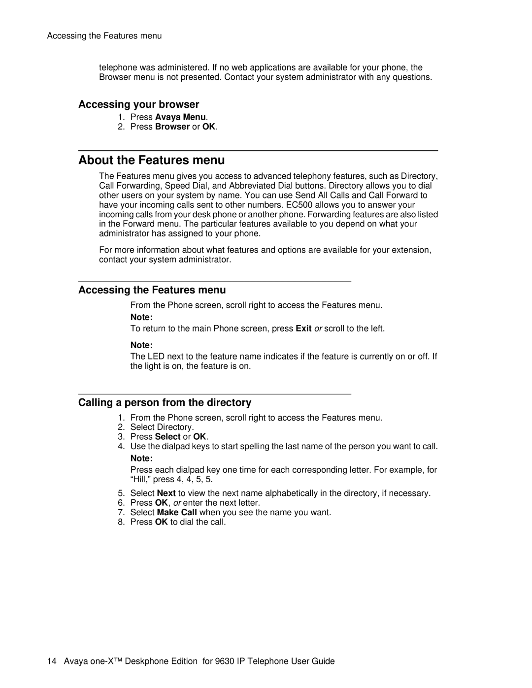 Avaya 9630 manual About the Features menu, Accessing your browser, Accessing the Features menu 
