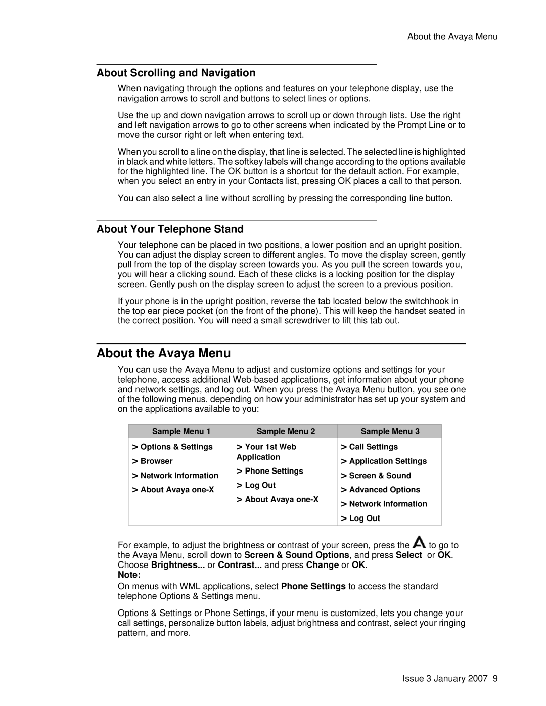 Avaya 9630 manual About the Avaya Menu, About Scrolling and Navigation, About Your Telephone Stand 