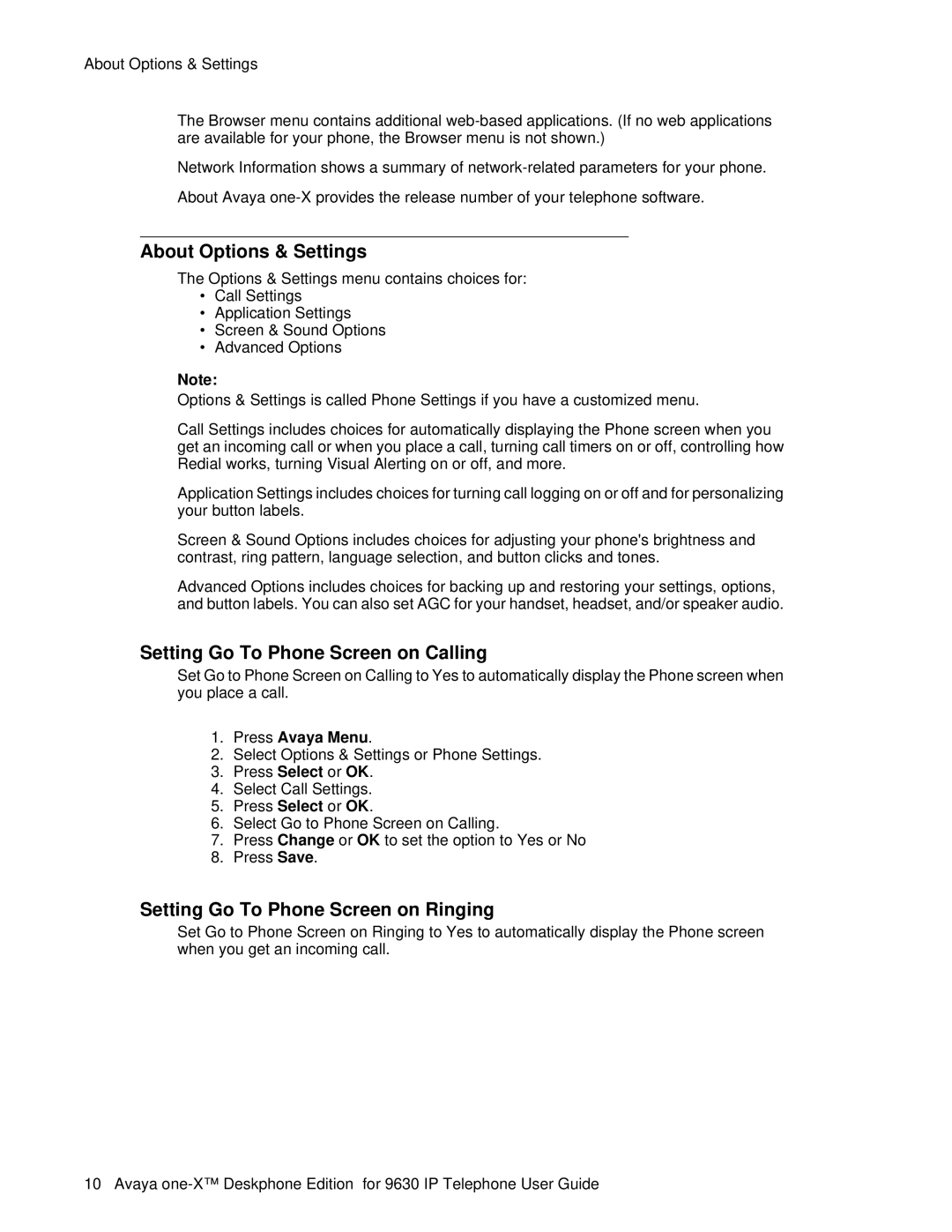 Avaya 9630 manual About Options & Settings, Setting Go To Phone Screen on Calling, Setting Go To Phone Screen on Ringing 