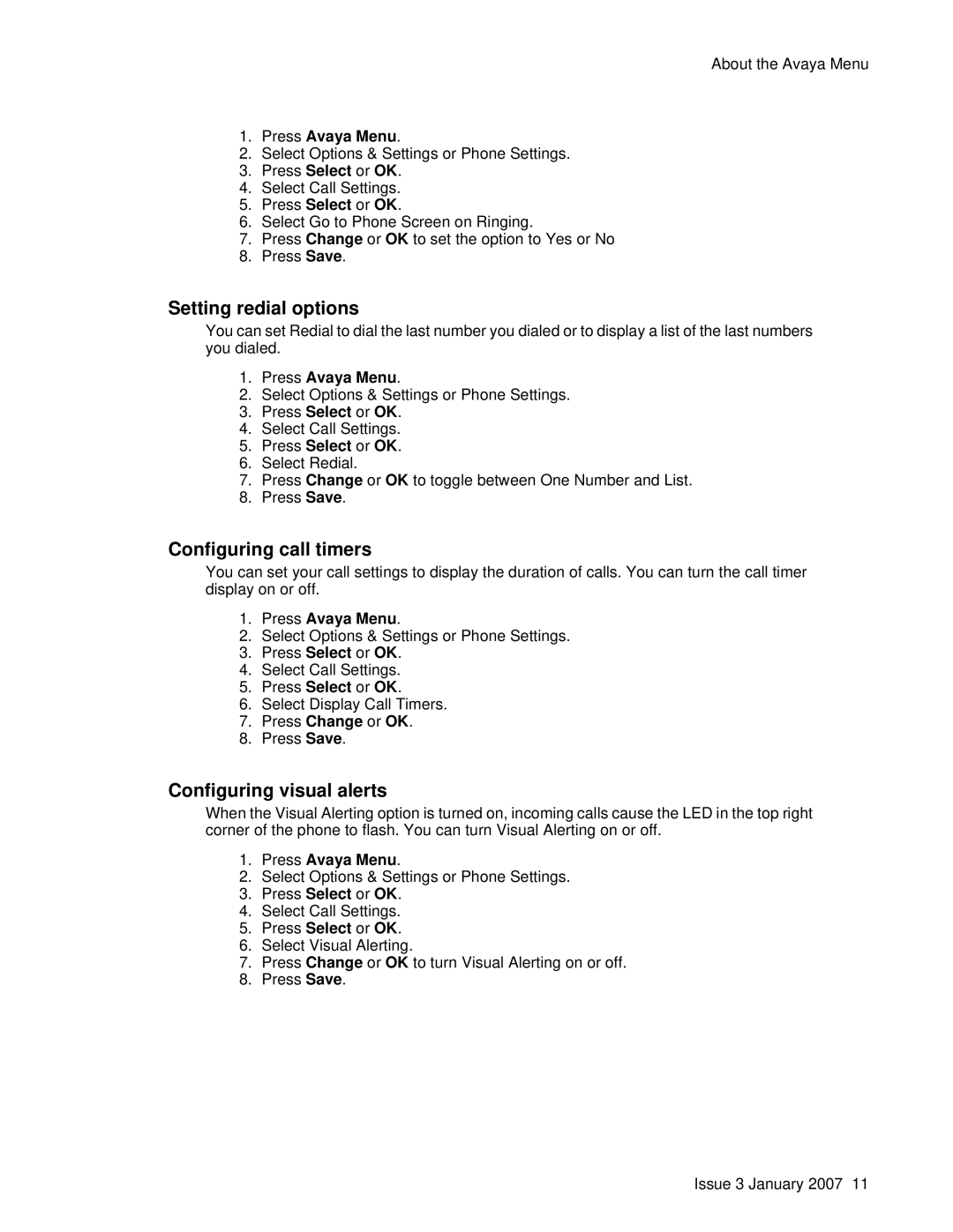 Avaya 9630 manual Setting redial options, Configuring call timers, Configuring visual alerts 