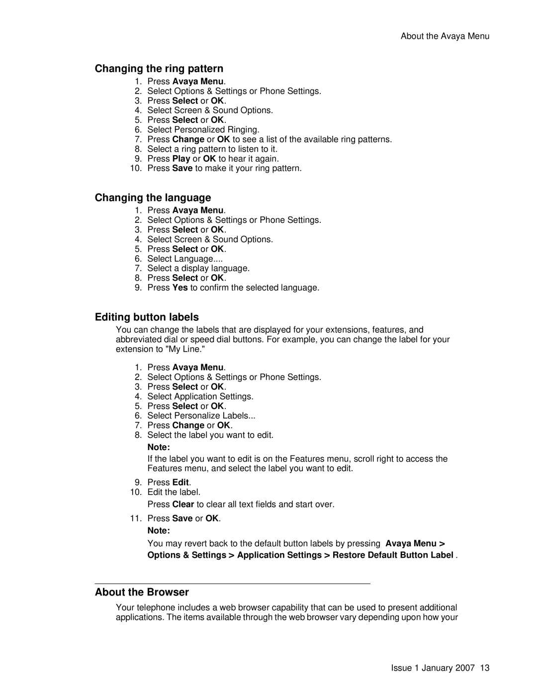 Avaya 9640 manual Changing the ring pattern, Changing the language, Editing button labels, About the Browser 