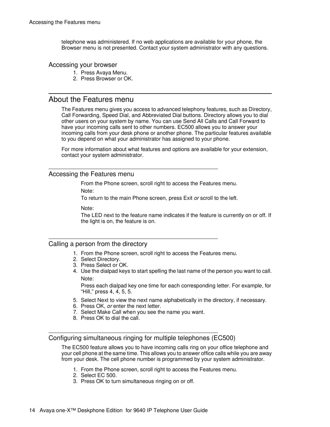 Avaya 9640 manual About the Features menu, Accessing your browser, Accessing the Features menu 