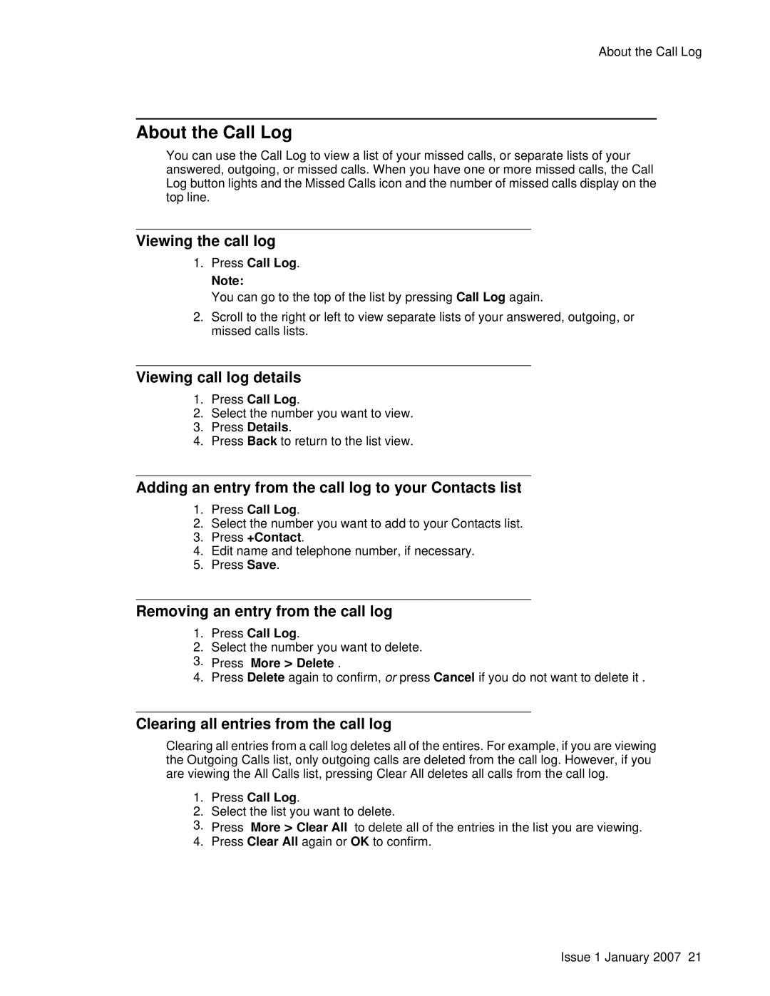 Avaya 9640 manual About the Call Log 