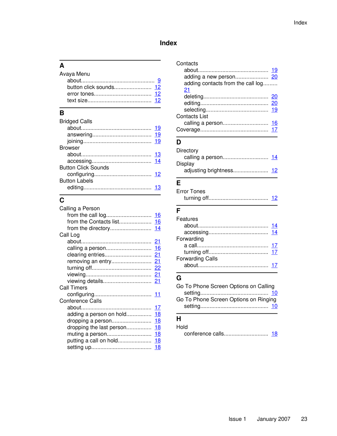 Avaya 9640 manual Index, Contacts List Calling a person Coverage 