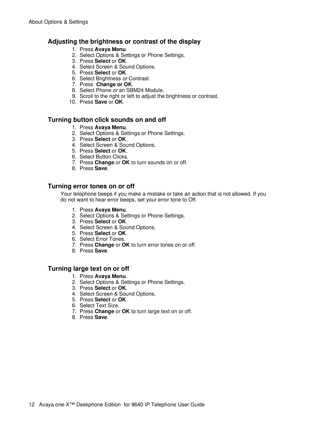 Avaya 9640 Adjusting the brightness or contrast of the display, Turning button click sounds on and off, Press Change or OK 