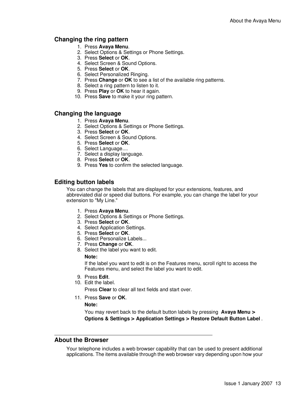 Avaya 9640 manual Changing the ring pattern, Changing the language, Editing button labels, About the Browser 