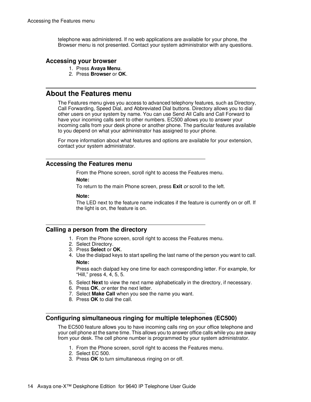 Avaya 9640 manual About the Features menu, Accessing your browser, Accessing the Features menu 