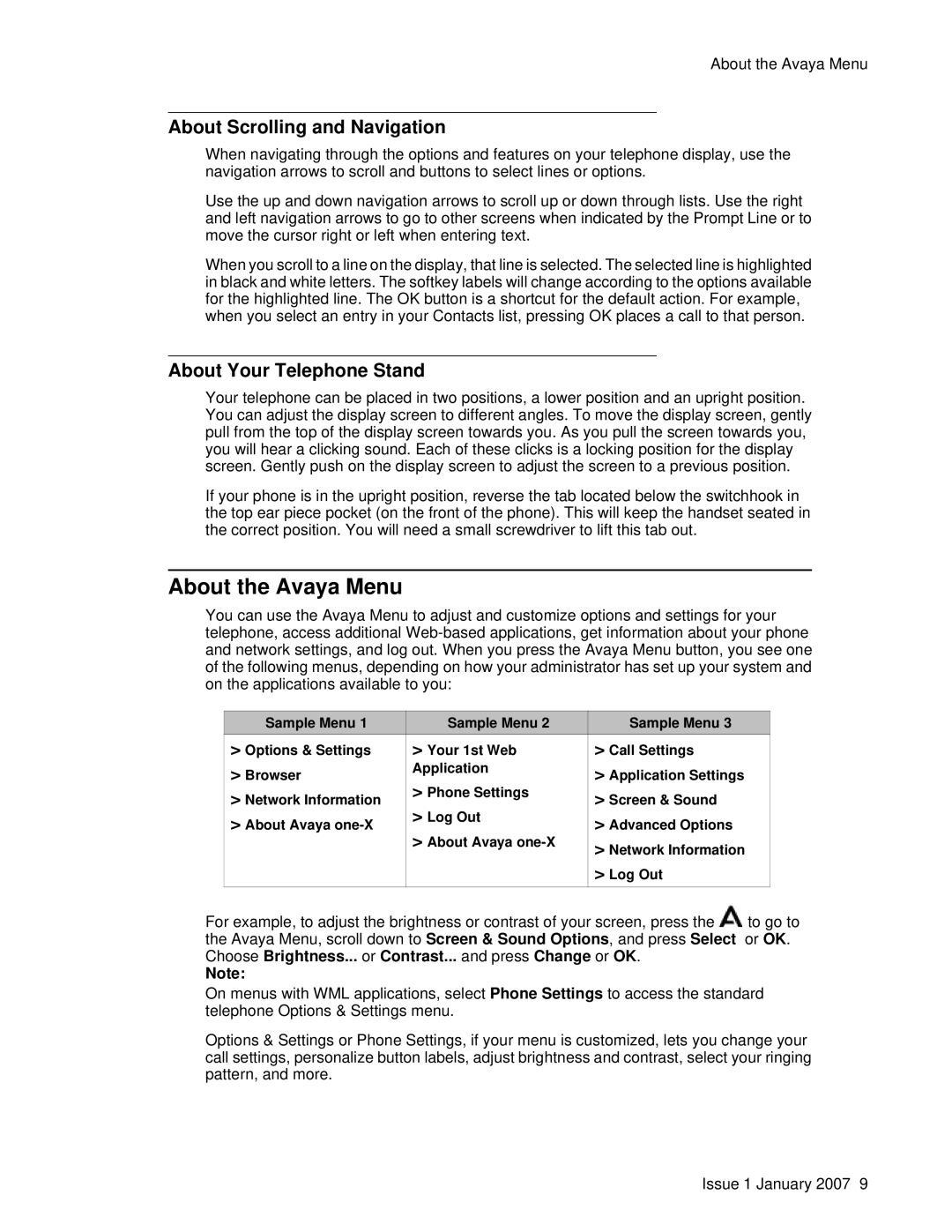 Avaya 9640 manual About the Avaya Menu, About Scrolling and Navigation, About Your Telephone Stand 