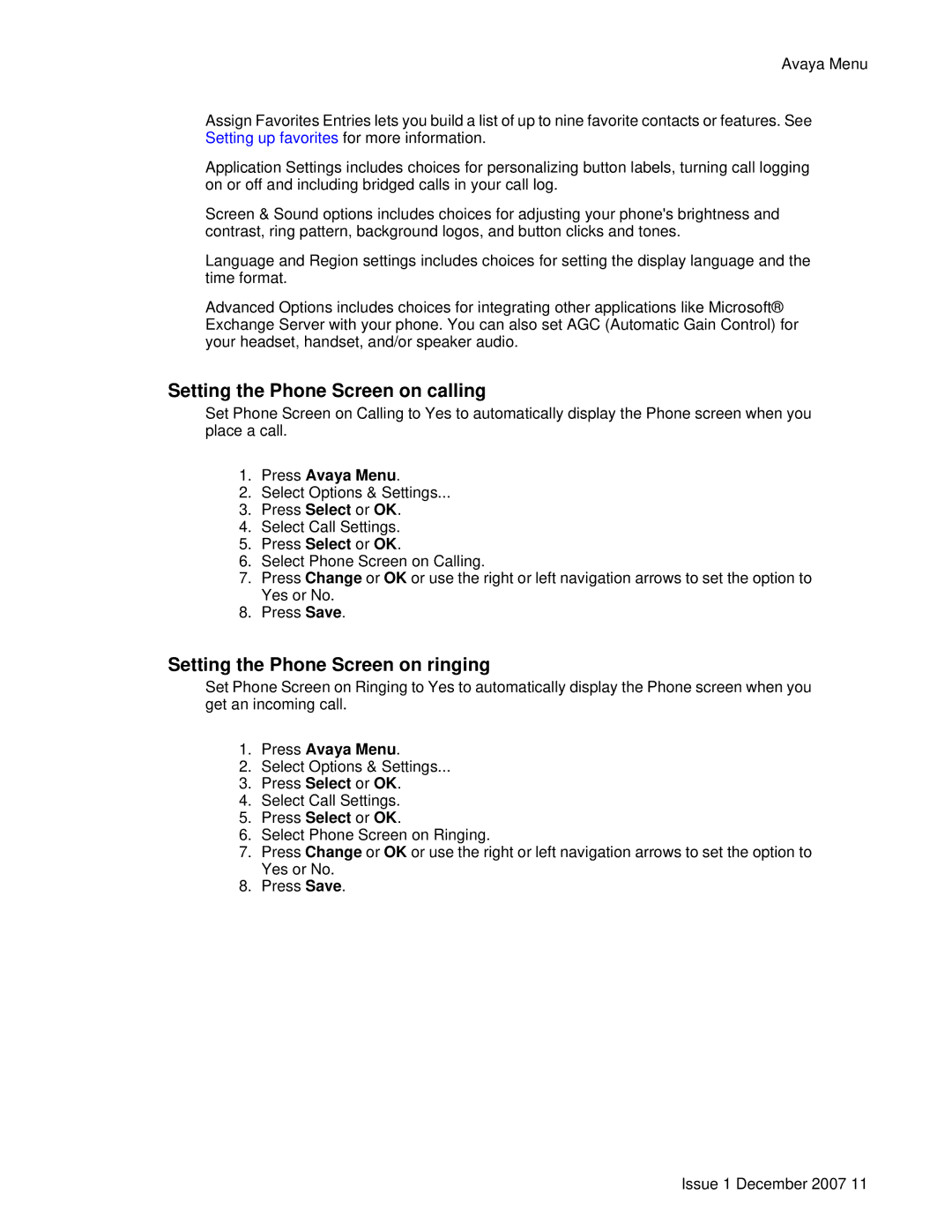 Avaya 9640G manual Setting the Phone Screen on calling, Setting the Phone Screen on ringing, Press Avaya Menu 