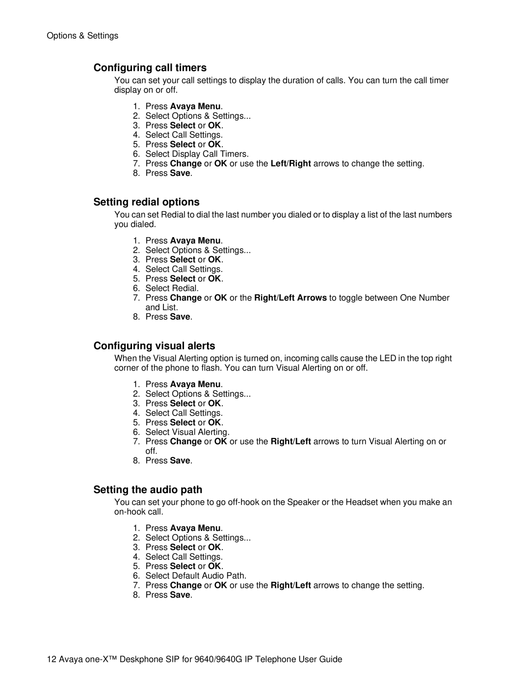Avaya 9640G manual Configuring call timers, Setting redial options, Configuring visual alerts, Setting the audio path 