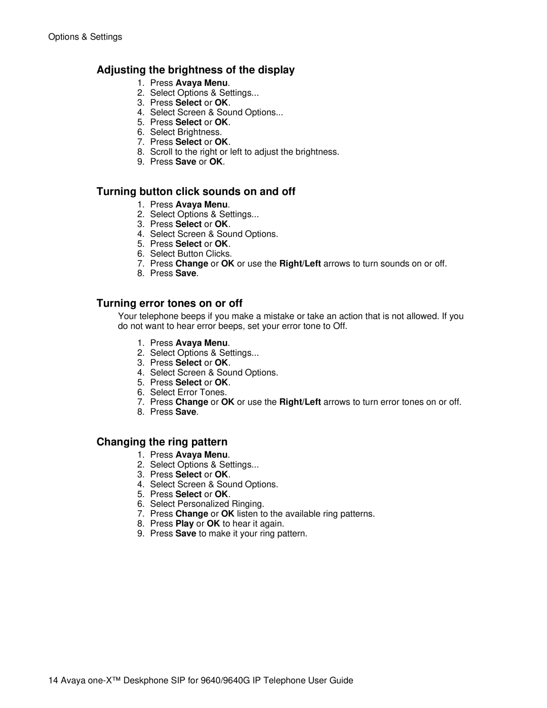 Avaya 9640G Adjusting the brightness of the display, Turning button click sounds on and off, Turning error tones on or off 