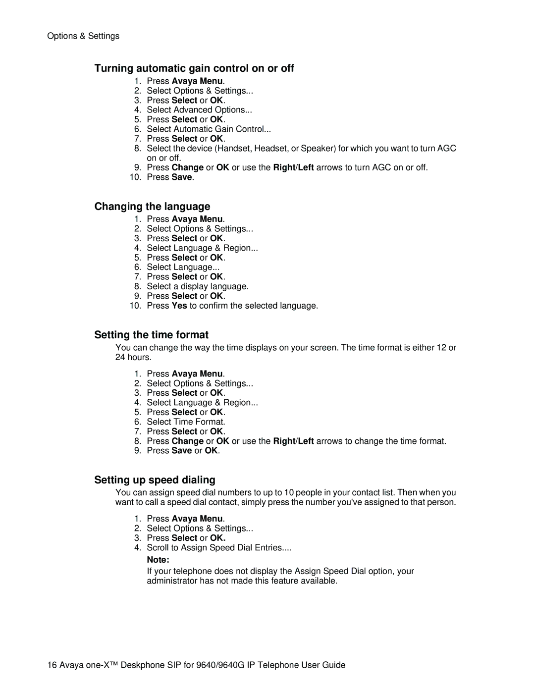 Avaya 9640G Turning automatic gain control on or off, Changing the language, Setting the time format, Press Select or OK 