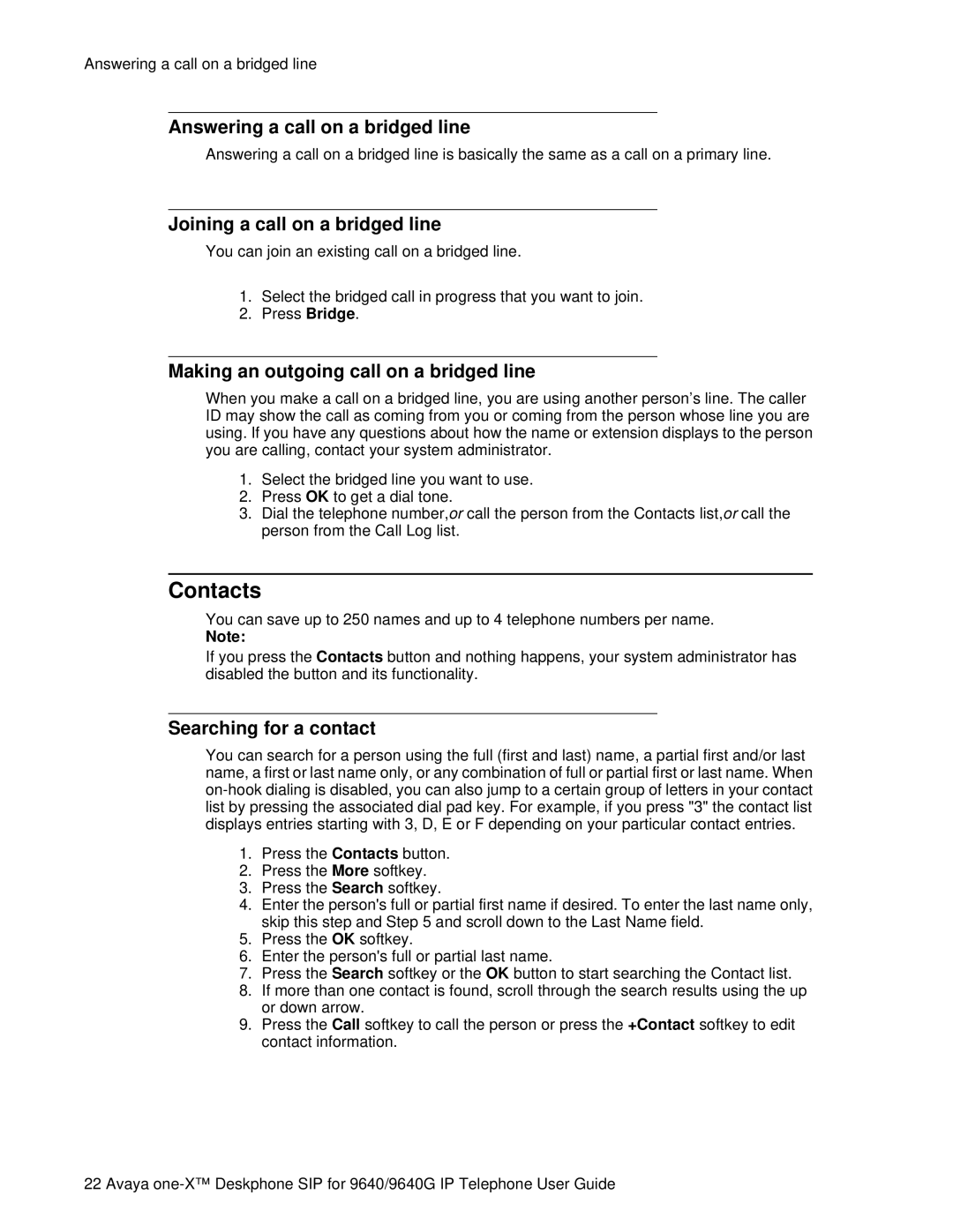 Avaya 9640G manual Contacts, Answering a call on a bridged line, Joining a call on a bridged line, Searching for a contact 