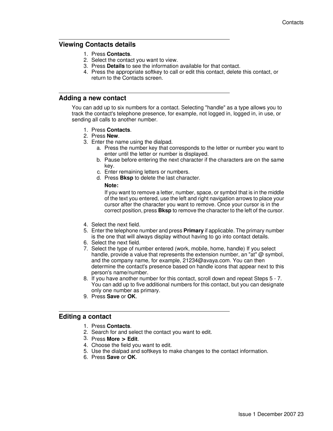 Avaya 9640G manual Viewing Contacts details, Adding a new contact, Editing a contact, Press Contacts, Press More Edit 