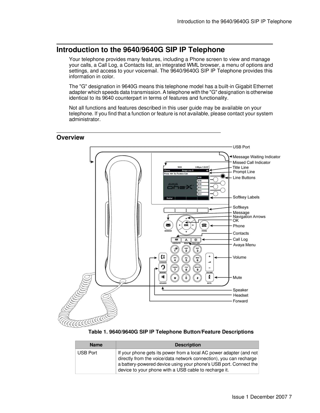 Avaya Introduction to the 9640/9640G SIP IP Telephone, Overview, 9640G SIP IP Telephone Button/Feature Descriptions 